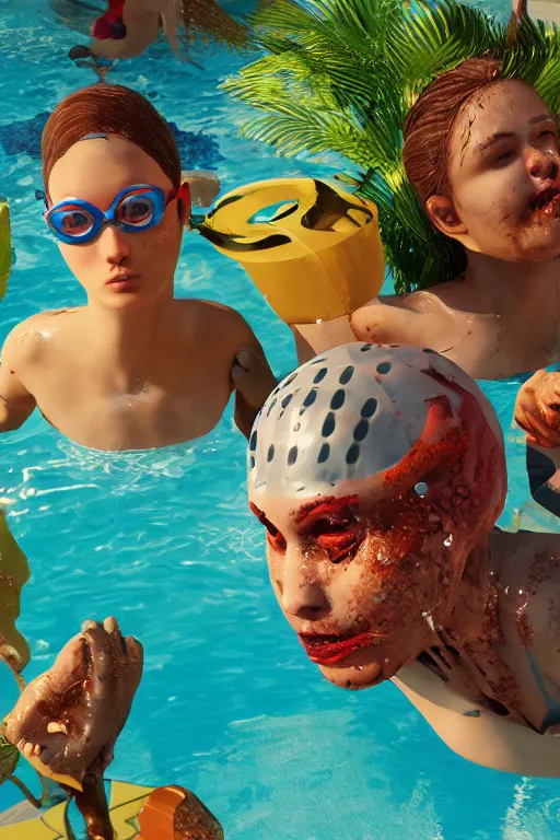 Image similar to summer swimming party, body horror, octane render