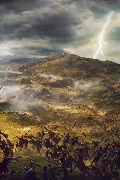 Image similar to An extremely beautiful wide view of a battlefield showing the Spanish empire overcoming the moors, re-conquest of Córdoba, Spanish flag, historical, regal, digital art painting, smooth, sharp focus, award winning picture, extremely detailed masterpiece, sense of awe, featured on Artstation, Artgerm, extremely detailed battlefield, hills background, atmospheric lightning, highly detailed illustration highlights, concept art, Exquisite matte painting, 8K detail post-processing