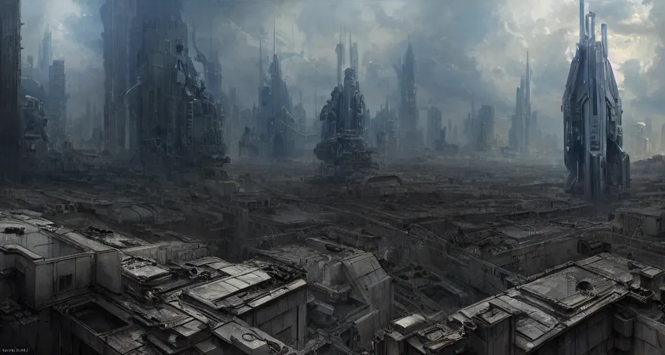 Image similar to hyper realistic sci - fi matte concept art painting of mecha standing on top of a building overlooking war in the streets, beautiful details, strong composition painted by kim jung guweta studio rutkowski, james gurney and greg rutkowski, and lucasfilm, smooth, intricate, detailed, sharp focus, cinematic