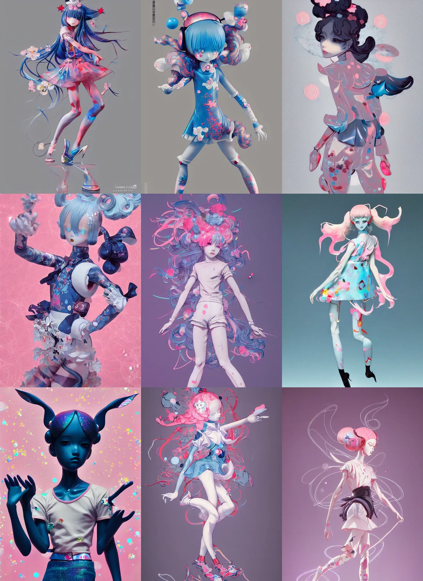 Image similar to james jean isolated vinyl figure harajuku magical girl character design, figure photography, dynamic pose, holographic undertones, motion shapes color design, glitter accents on figure, anime stylized, sharp focus, accurate fictional proportions, high delicate defined details, ethereal lighting