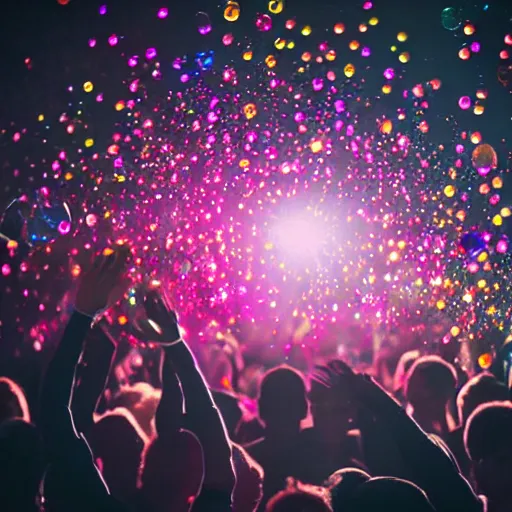 Image similar to concert photography where fans are all in plastic bubbles hyper realistic colorful light