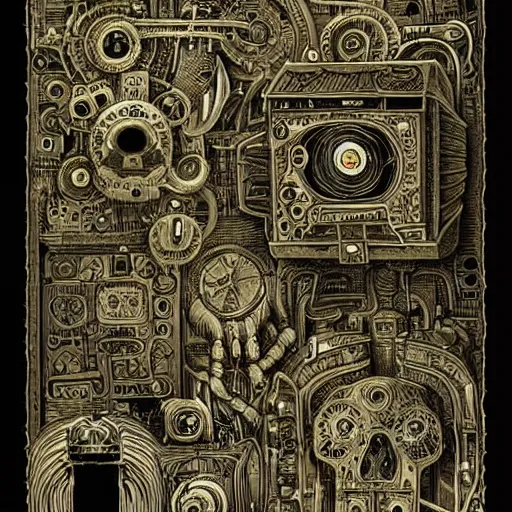 Image similar to ancient technology relic with glowing parts in the dark, by joe fenton