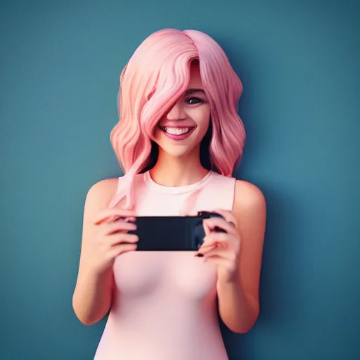 Image similar to beautiful hyperrealism selfie of a cute 3 d young woman smiling smugly, long light pink hair, flushed face, small heart - shaped face, amber eyes, golden hour, 8 k, instagram