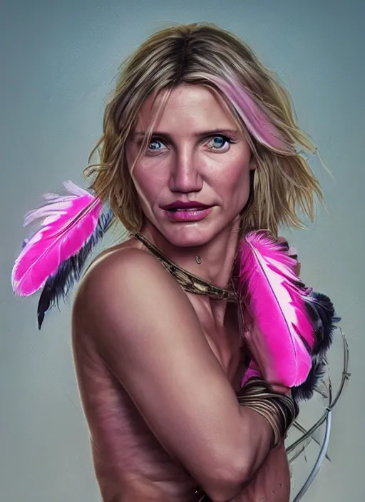 Image similar to serious looking Cameron Diaz as a ruggedly handsome heroine wearing pink feathers and wielding a glowing bow, intricate, elegant, tasteful, highly detailed, centered, digital painting, artstation, concept art, smooth, sharp focus, illustration, art by artgerm and donato giancola and Joseph Christian Leyendecker, WLOP