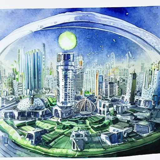 Image similar to a solarpunk domed city, watercolour