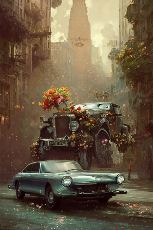 Prompt: ultra realistic illustration, old vintage car in the city with flowers blooming out the window, elegant, highly detailed, digital painting, concept art, smooth, sharp focus, illustration, art by greg rutkowski and alphonse mucha