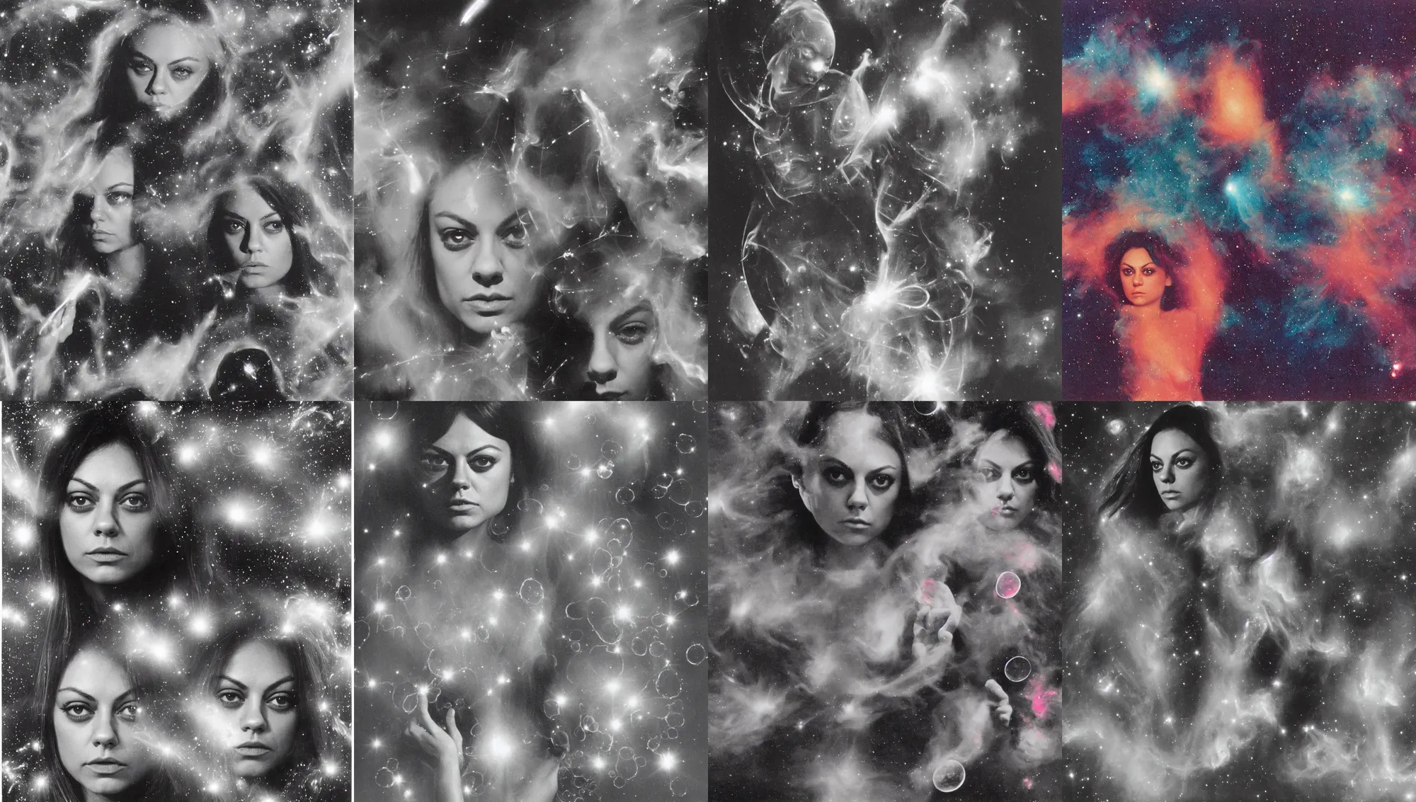 Image similar to 1970 Mila Kunis looking into the camera with small reflective bubbles, puffs of colored smoke, Nebula, Ludek Pesek, Rick Guidice, Chesley Bonestell, Lucien Rudaux, Rolf Klep, Fred Freeman, George Pal