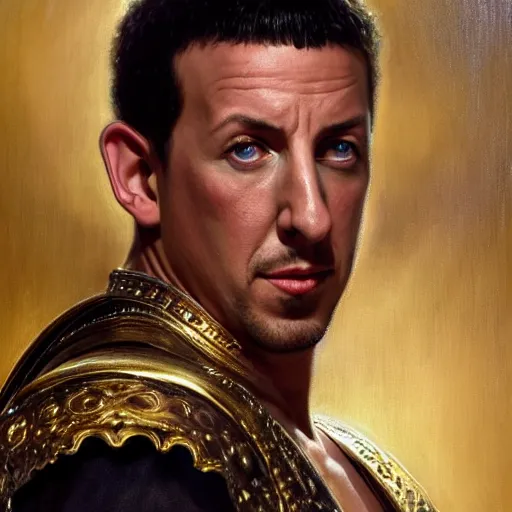 Prompt: detailed realistic cinematic wide shot of beautiful attractive muscular adam sandler as roman empreror gold chain wearing royal red clothes slim face symettrical face clean skin black eyes black robe smooth, sharp focus, ultra realistic, spring light, painting by gaston bussiere, craig mullins, j. c. leyendecker