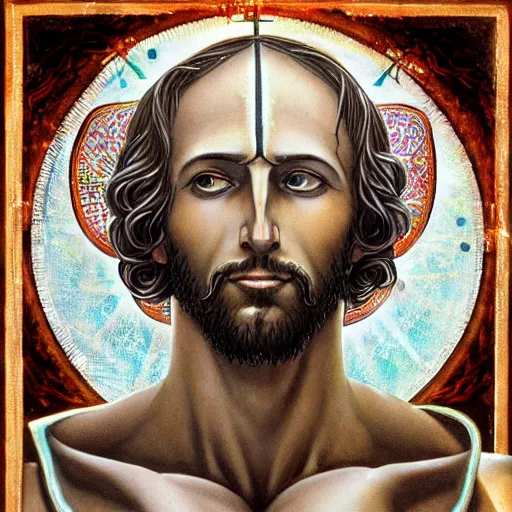 Image similar to 4K headshot of godlike Jesus of Nazareth with defined arms and open hands and bloody clothes with giant mandala wings , intricate face , flawless anime cel animation by Kentaro Miura, psychedelic , highly detailed upper body , professionally post-processed , beautiful, scary, symmetry accurate features, epic, octane rendered, anime masterpiece, accurate by Craig Mullins, ilya kuvshinov, krenz cushart, epic , artgerm trending on artstation by Edward Hopper and Dan Mumford and WLOP and Rutkovsky, beksinski carl spitzweg moebius and tuomas kocar, intricate artwork by caravaggio, Unreal Engine 5, Lumen, Nanite