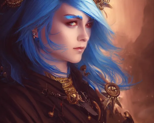 Prompt: dyed blue spikey hair, deep focus, d & d, fantasy, intricate, elegant, highly detailed, digital painting, artstation, concept art, matte, sharp focus, illustration, hearthstone, art by artgerm and greg rutkowski and alphonse mucha