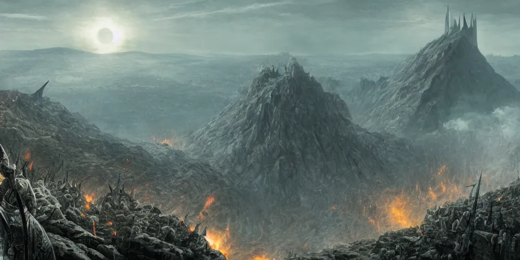 Image similar to Sauron standing on the edge of a cliff overlooking his troops in the distance ready for war at Mordor in the evening, detailed matte painting, cinematic, Alan Lee, Artstation