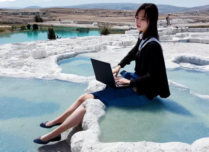 Image similar to Lee Jin-Eun hacking a laptop at Pamukkale by WLOP, rule of thirds, seductive look, beautiful, masterpiece, Refined