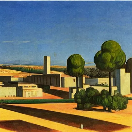 Image similar to kibbutz ein harod ihud in israel by giorgio de chirico and edward hopper