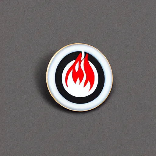 Prompt: a photo of a retro 1 9 6 0 s minimalistic clean fire flames warning label hard enamel pin, studio lighting, behance