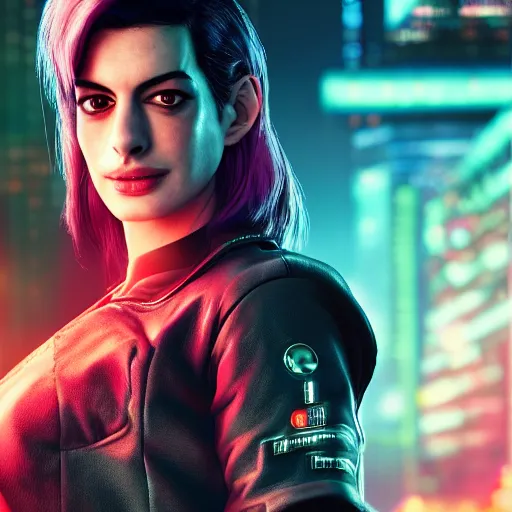 Image similar to anne hathaway portrait, cyberpunk 2 0 7 7, cyberpunk judy alvarez, photorealistic, ultra detailed, neon, octane, bokeh, cinematic lighting, cyber, cyberpunk city, studio quality, feature, scars, cyberface, 8 k