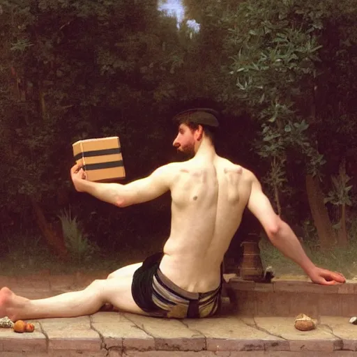 Prompt: an oil painting of an man playing a package, he doing sorting package, view from back, by Bouguereau, highly detailed and intricate, 1500,