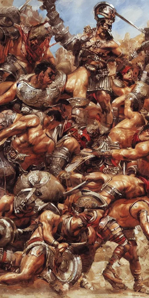 Prompt: oil painting scene from gladiator fights by kim jung gi