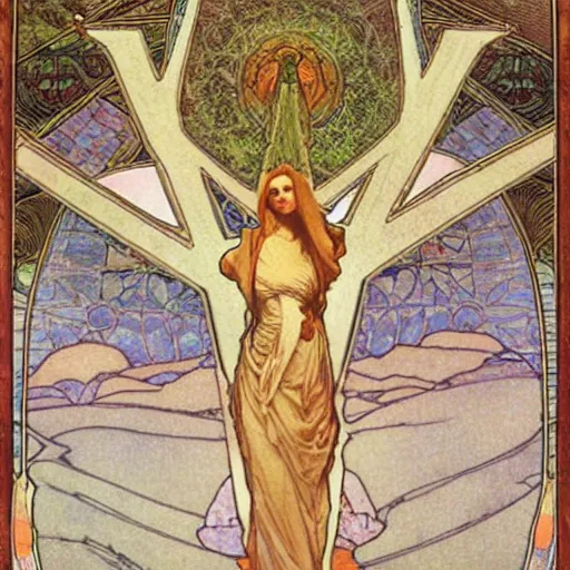 Image similar to a spiritual cross on top of a holy mountain, Mucha, Moebius, Mohrbacher