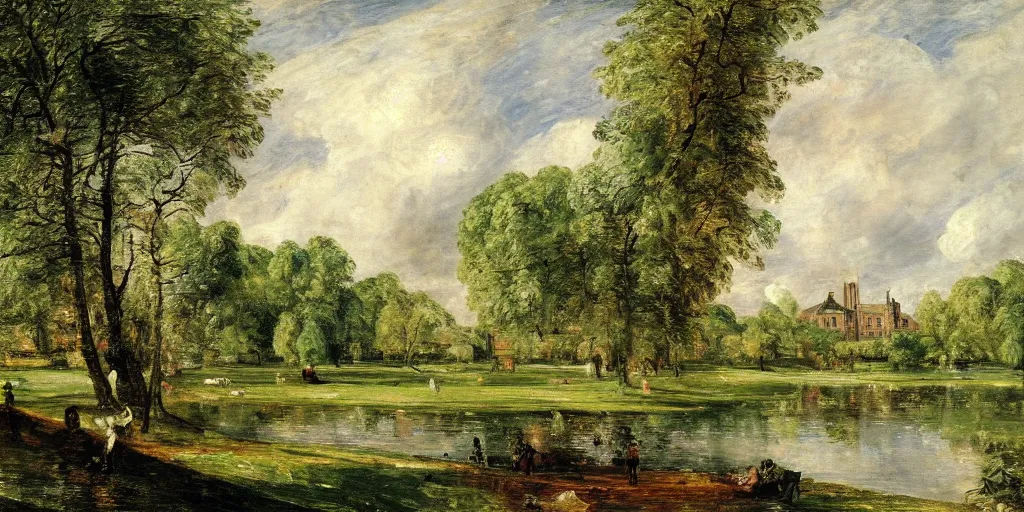 Image similar to Portrait of a park with a lake and large Manor house in the background, well lit, colourful, detailed, painting in the style of John Constable