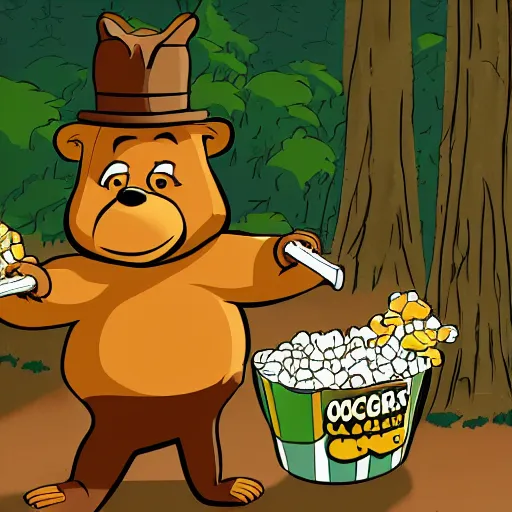 Image similar to yogi bear selling popcorn, artstation, forest background,