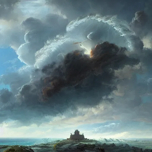 Image similar to Panorama view of a hurricane lifting ruined pieces from an ancient castle into the sky, flying island, eye of the hurricane, oil painting, by Greg Rutkowski