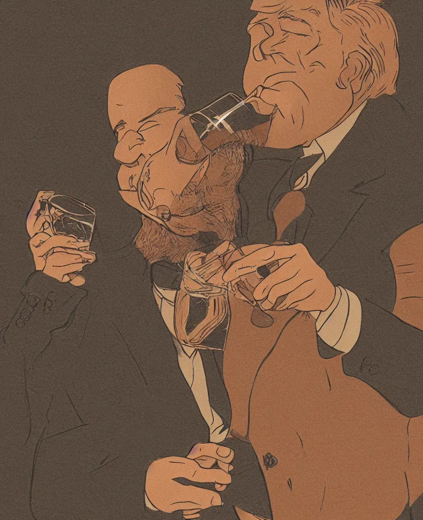 Image similar to a man drinking whiskey on his birthday, highly detailed 2 d illustration in matte colors