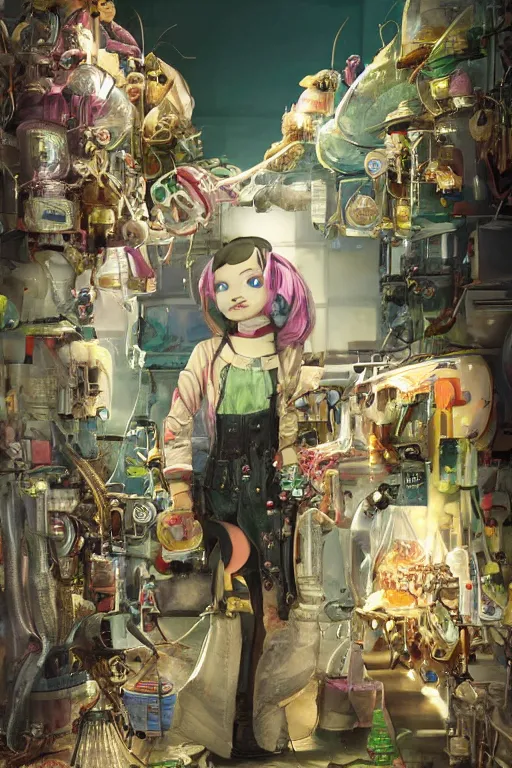 Image similar to highly detailed, industrial photography, profile view of adult princess bubblegum from adventure time, working in her science lab, wearing lab coat, long bubblegum hair, long straight bangs, confident, beautiful, attractive, illustration concept art by nicoletta ceccoli, mark ryden, lostfish, detailed and intricate environment, 8 k resolution, hyperrealistic, octane render