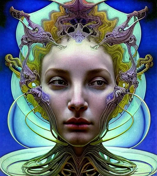 Prompt: detailed!! realistic beautiful young groovypunk!! queen of andromeda galaxy. face portrait. art nouveau, symbolist!!, visionary!!, baroque, giant fractal details. horizontal symmetry by zdzisław beksinski, iris van herpen, raymond swanland and alphonse mucha!!!. highly detailed, hyper - real, beautiful