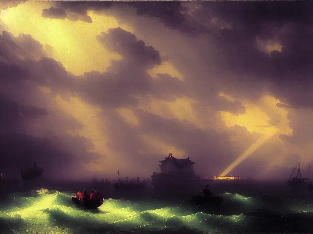 Image similar to heavy rain in south korea, bridges and buildings under water, beam of light through dark clouds, by Aivazovsky