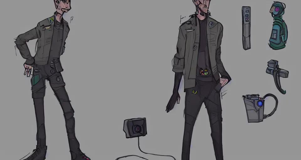 Image similar to concept art of a lean and lanky man that has a radio for a head and wears a cyberpunk coat, concept art, turnaround world building, character design