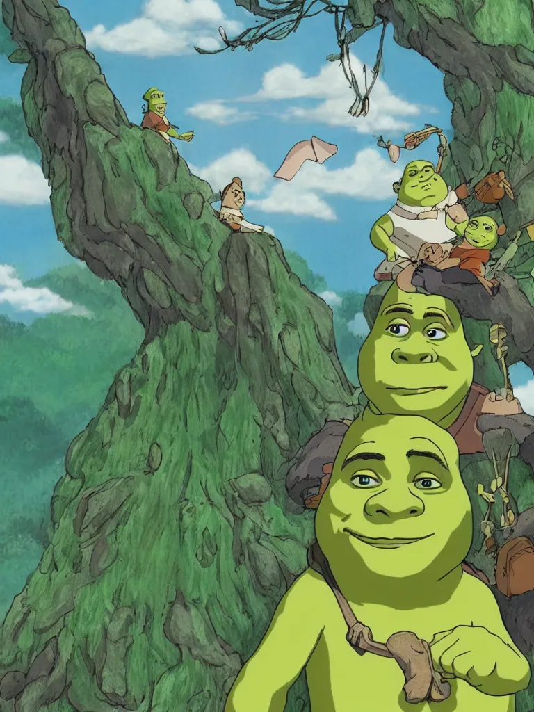 Image similar to shrek movie poster in the style of studio ghibli hayao miyazaki hd illustration