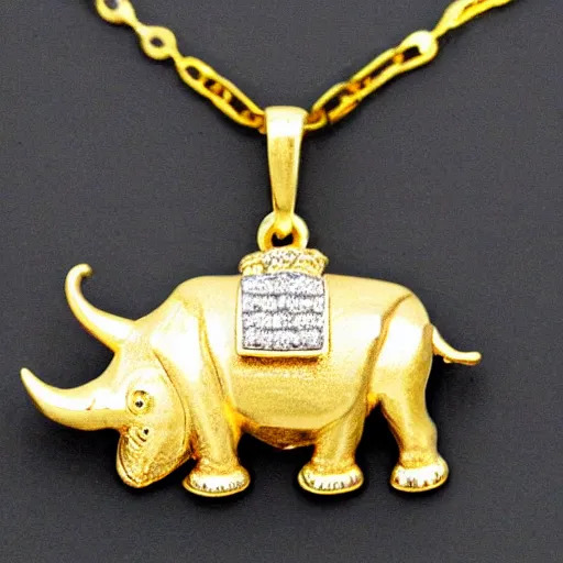 Prompt: a gold necklace with a diamond pendant shaped like a rhino