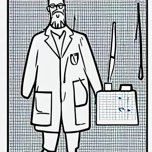 Image similar to scientist bearded lab coat standing measuring large fish line drawing simplistic cartoon pencil shading