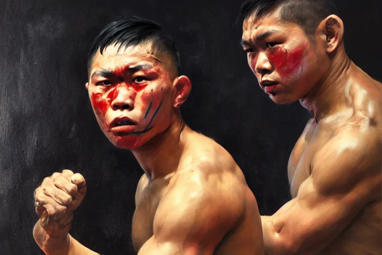 Prompt: greg manchess portrait of a filipino mma fighter shock of being hurt, organic painting, sunny day, matte painting, bold shapes, hard edges, street art, trending on artstation, by huang guangjian, gil elvgren, ruan jia, randy vargas, greg rutkowski