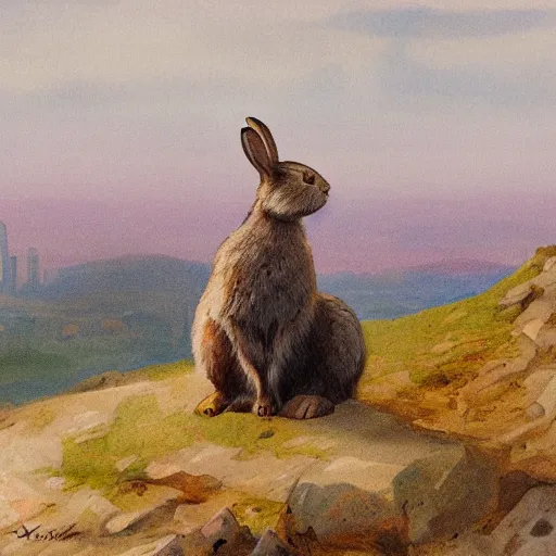 Prompt: a rabbit sitting on top of a mountain, city skyline visible in the background below, in the style of anders zorn