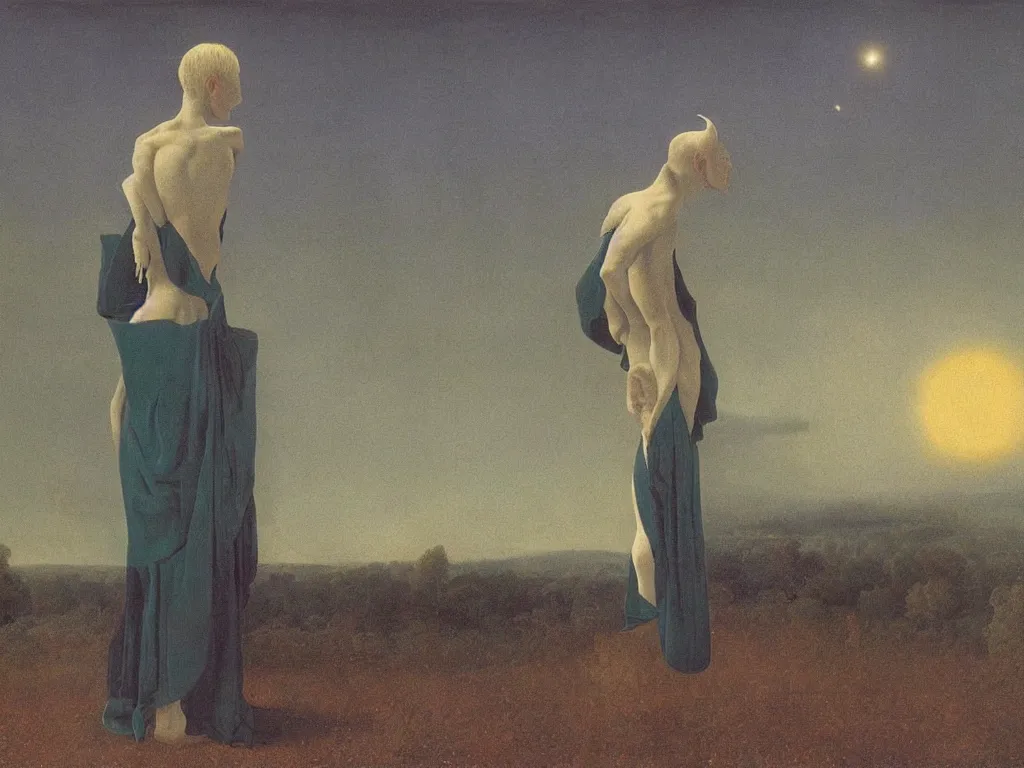 Prompt: albino mystic, with his back turned, looking at a comet over the forest in the distance. Painting by Jan van Eyck, Audubon, Rene Magritte, Agnes Pelton, Max Ernst, Walton Ford