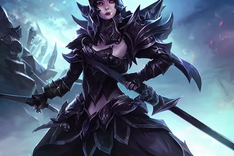 Image similar to A heroine wearing black armor, she is holding a black sword, League of legends splash art