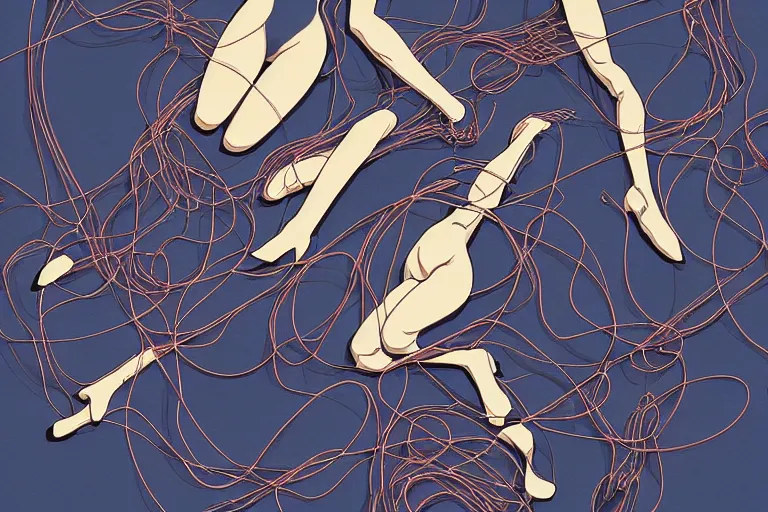 Prompt: a magazine cover illustration of a group of female androids' body parts with cables and wires coming out lying scattered over an empty floor, by masamune shirow, hajime sorayama, moebius, xsullo, james jean, murakami takashi and katsuhiro otomo, view from above, minimalist, hyperdetailed, super rich, studio ghibli golden color scheme, lasers, sparkles and fairies flying around, crazy and a bit weird