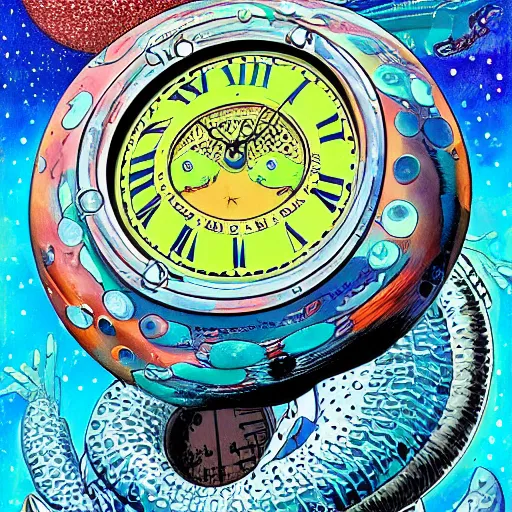 Prompt: misty deepfried hovering space sphere eel monster clock subcompact, by joe jusko and jackson pollock and georgia o'keefee, flat shading, detailed painting, seapunk