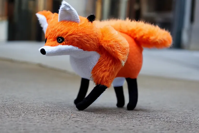 Prompt: A fabric stuffed animal toy fox plushie sitting on the sidewalk and wagging its tail excitedly, dynamic, motion blur, 1/4 shutter speed, award winning photography