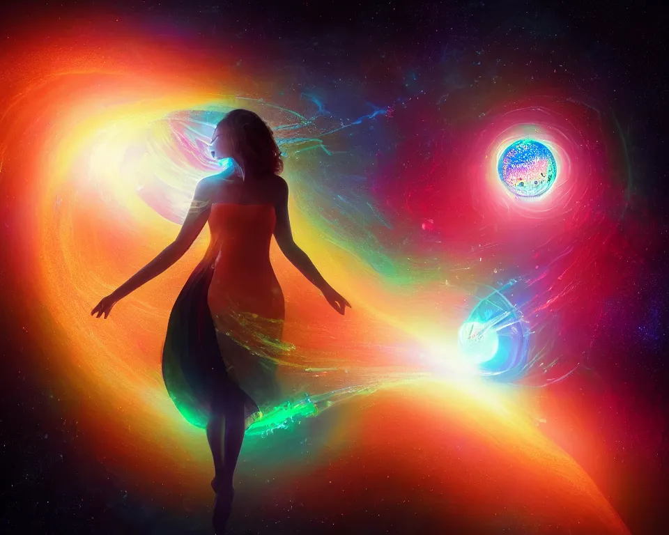 Prompt: a beautiful whimsical woman standing under a multi-colored binary blackhole with an accretion disc, casting magic, glowing trails following her arms, intricate repeating geometric patterns, fractals, by Ross Tran, by Greg Rutkowski, by artgerm, by beeple, by moebius, cinematic angle, volumetric lighting, 4k resolution, octane render, trending on artstation, masterpiece