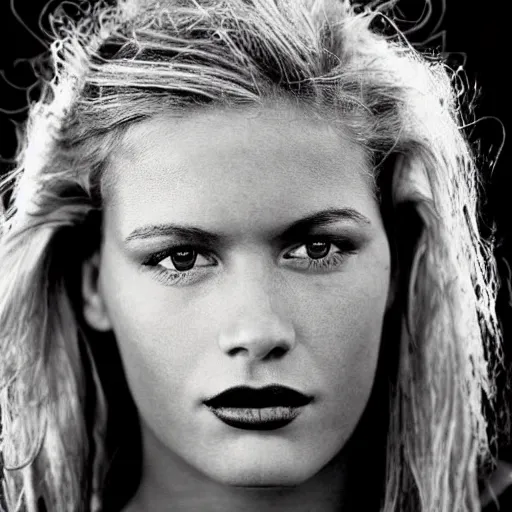 Prompt: black and white vogue closeup portrait by herb ritts of a beautiful female model, soccer, high contrast