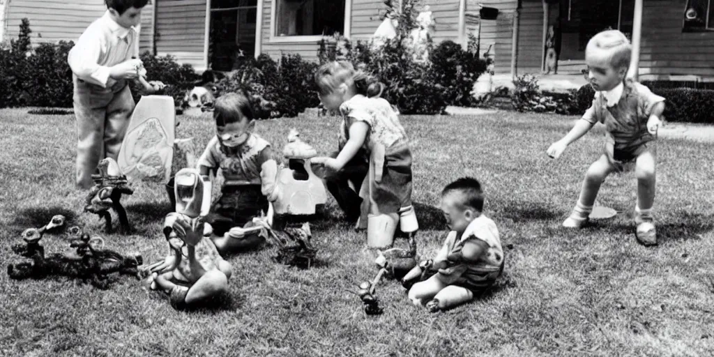 Image similar to kids playing with alien toy in their front yard, 1 9 5 0 s picture