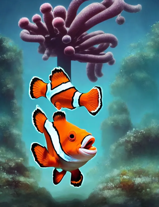 Prompt: a bipedal clownfish that is wearing full iron plate armor, and holding a colossal sword, over his shoulder, as a matte oil painting and d & d character art, standing, fullbody, bubbles, anemone, tall kelp, award - winning, extremely detailed, sharp focus