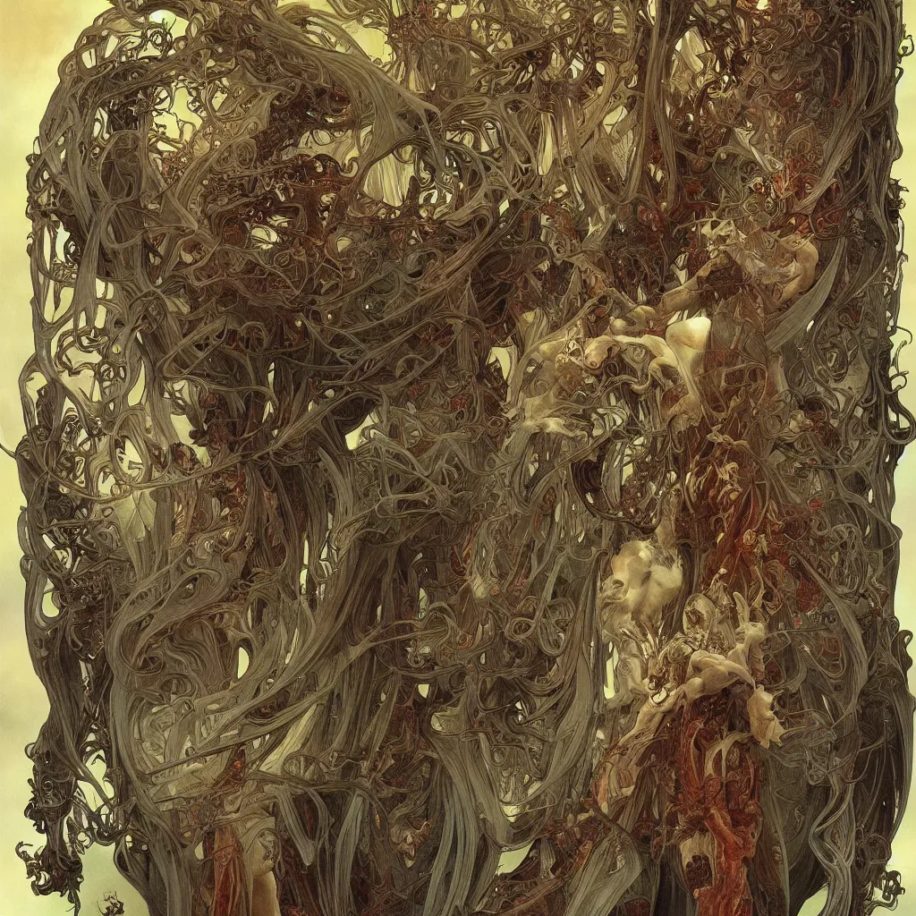 Prompt: veiny fungus demon monsters by chris mars and alphonse mucha, intense lighting, intricate, elegant, nightmare, highly detailed, digital painting, artstation, concept art, smooth, sharp focus, illustration