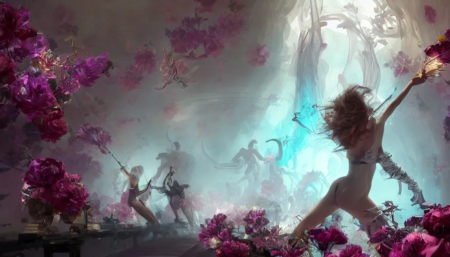 Prompt: victoria secret runway show, light, shadows, reflections, flowers, epic composition, intricate, elegant, volumetric lighting, digital painting, highly detailed, artstation, sharp focus, illustration, concept art, ruan jia, james jean, peter mohrbacher, steve mccurry, raymond swanland, peter andrew jones, greg rutkowski, concept art, iconic