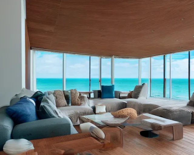 Image similar to A modern living room in a ocean hues style next to a big terrace overlooking the ocean, sea shells on top of a luxurious wooden coffee table in the center, inspired by the ocean, calm, relaxed style, harmony, wide angle shot, 8k resolution, ultra detailed