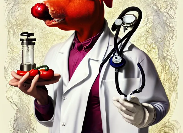 Image similar to a anthropomorphic pepper wearing a white lab coat and stethoscope, diffuse lighting, fantasy, intricate, elegant, highly detailed, lifelike, photorealistic, digital painting, artstation, illustration, concept art, smooth, sharp focus, art by frank frazetta and marco bucci and loish and rossdraws and artgerm and alphonse mucha