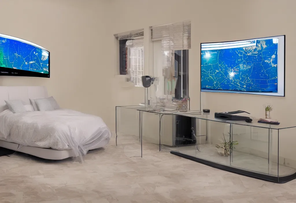 Image similar to curved transparent tv showing florida weathermap, volumetric lighting, bedroom, visor, users, pair of keycards on table, bokeh, creterion collection, shot on 7 0 mm, instax