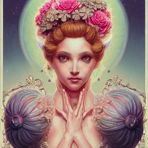 Image similar to a beautiful detailed front view portrait of princess peach with ornate growing around, ornamentation, flowers, elegant, beautifully soft lit, by wayne barlowe, peter mohrbacher, kelly mckernan,